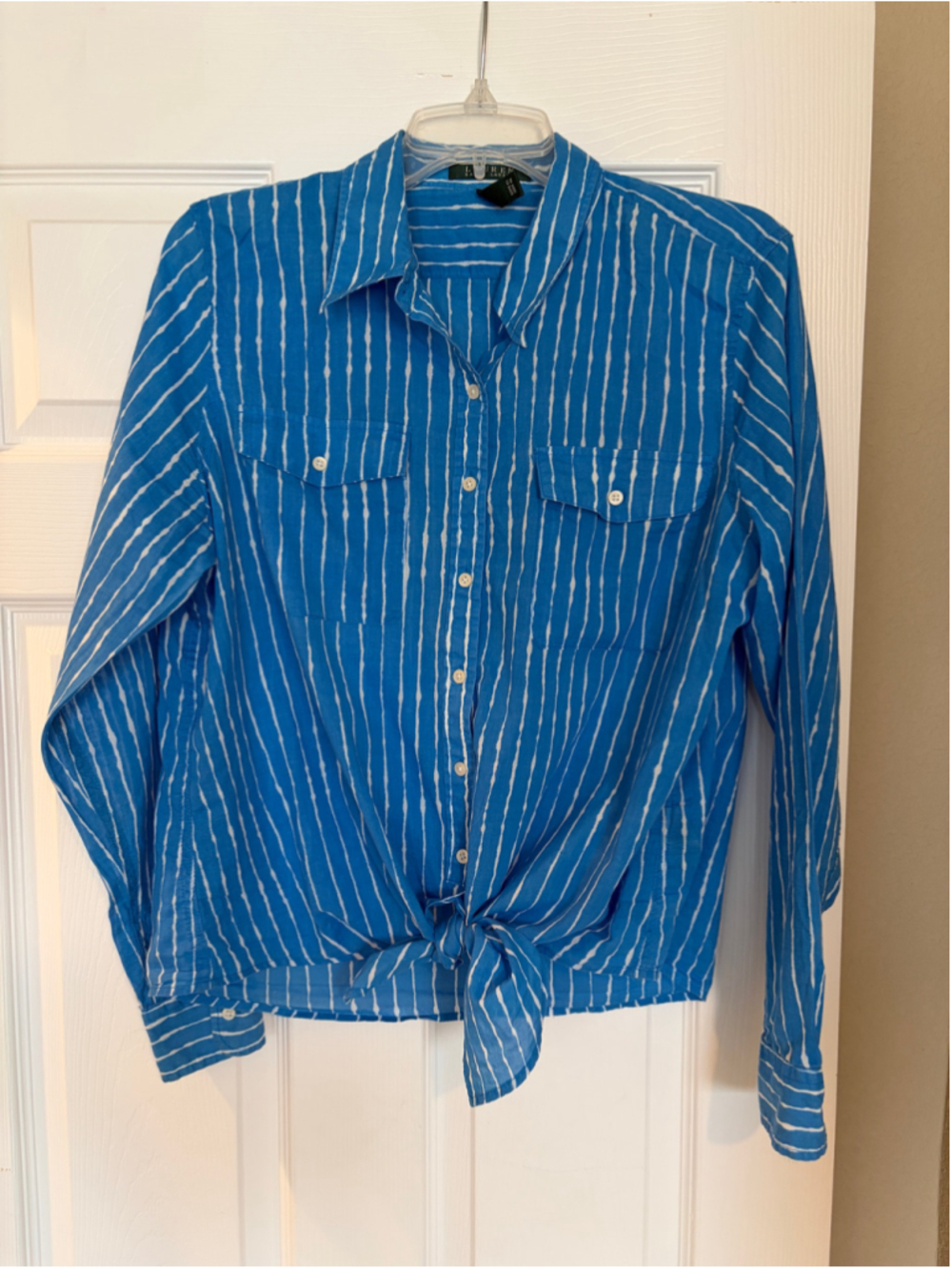 Lauren Ralph Lauren Shirt XL Blue White Stripe Tie Front Coastal Chic R10